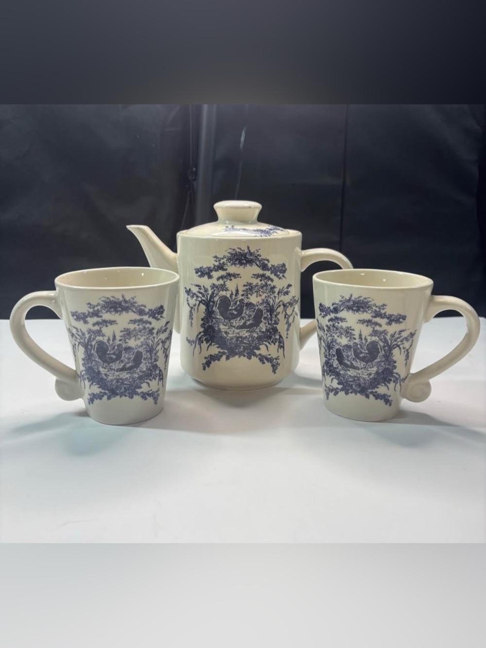 Teapot & 2 Mugs California Pantry Classic Ceramics Blue Rooster Chicken